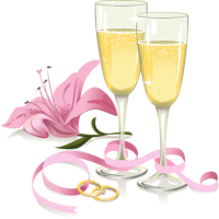 wedding glasses with rings, ribbon and lily